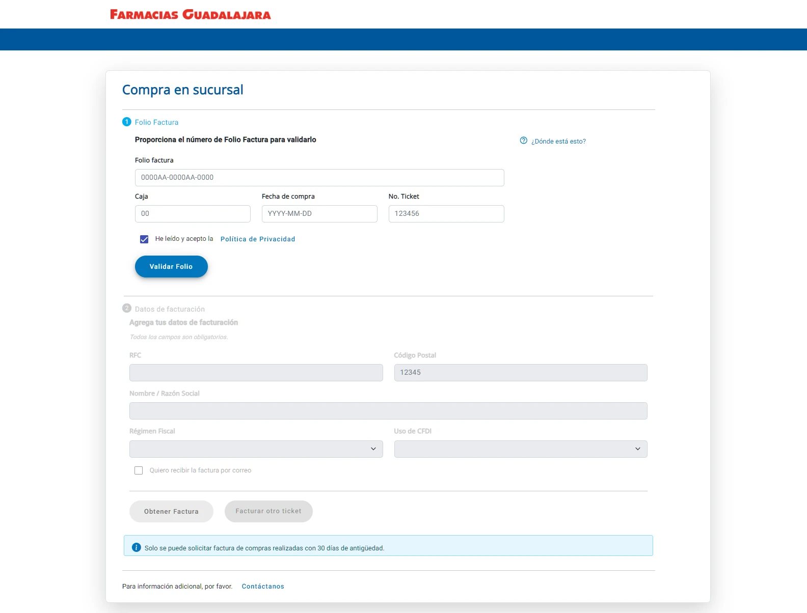 Portal de facturación electrónica de Farmacias Guadalajara con formulario para solicitar comprobante CFDI