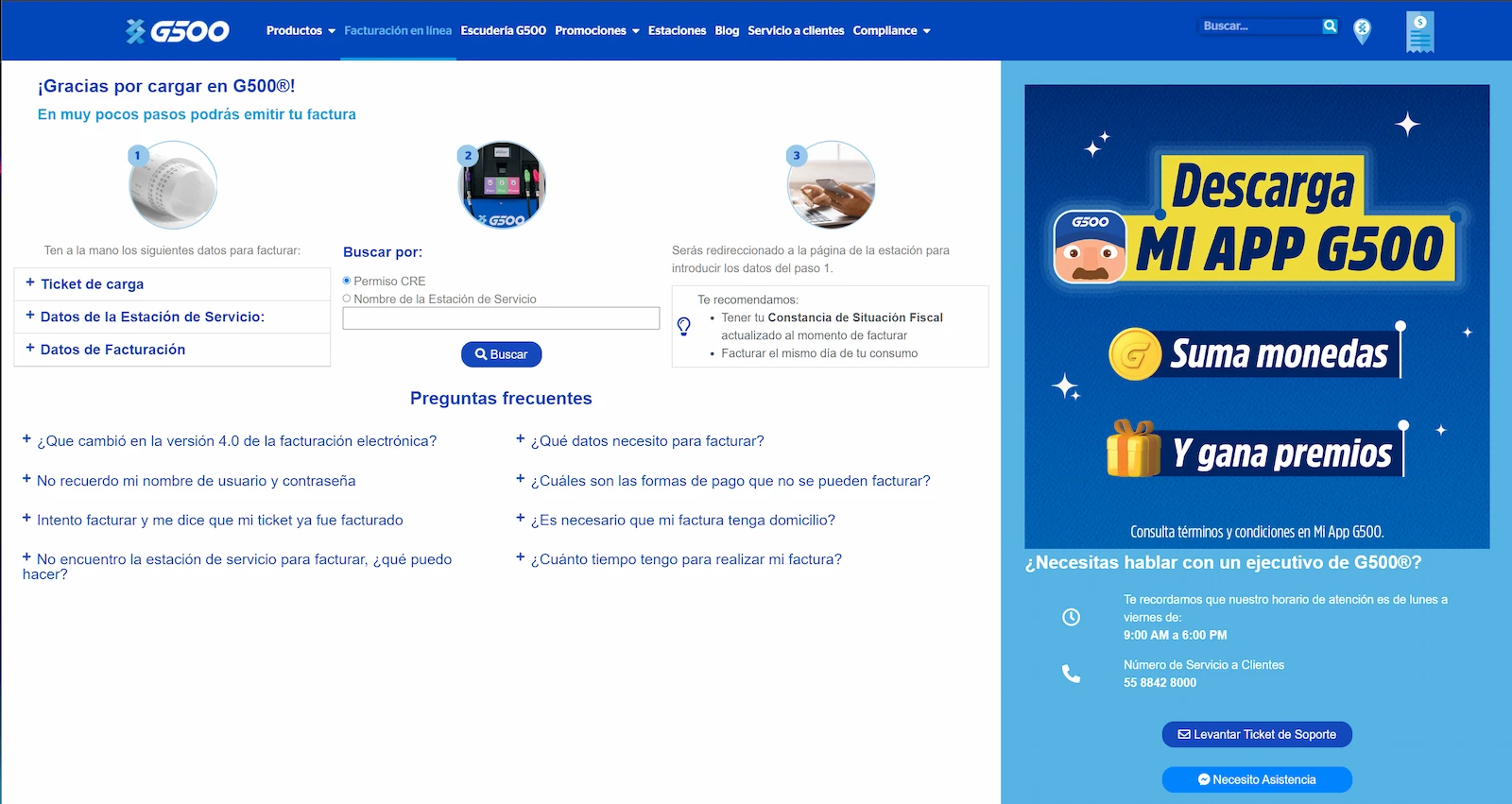 Portal web de facturación G500 con guía de tres pasos, formulario de búsqueda y preguntas frecuentes