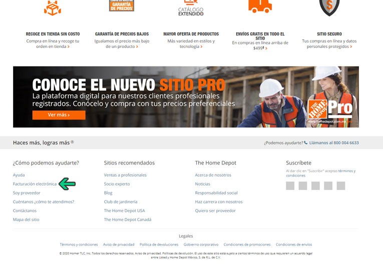 Portal web de The Home Depot México mostrando opciones de ayuda y enlaces de navegación principal