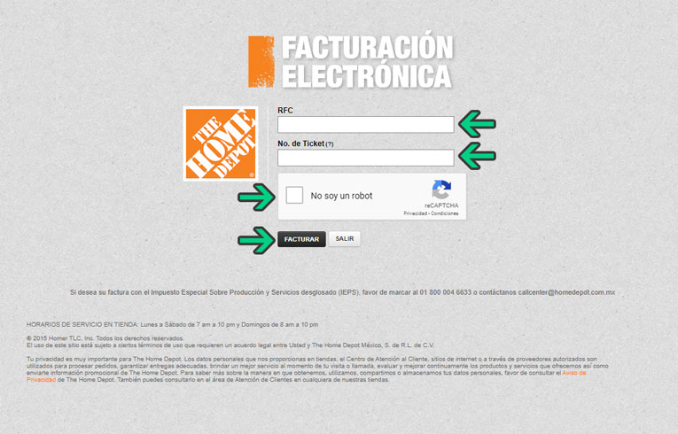 Portal de facturación electrónica de Home Depot con formulario para ingresar RFC y número de ticket