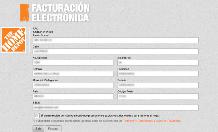 Formulario de facturación electrónica con campos para RFC, razón social, dirección y datos de contacto