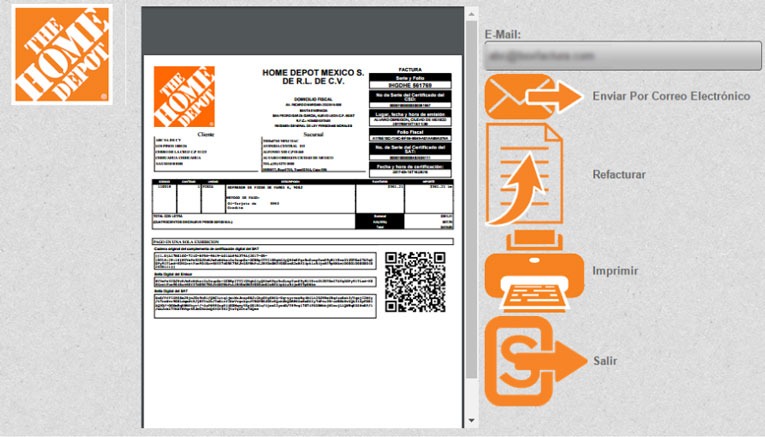 Guía de facturación electrónica CFDI de Home Depot México con formularios, campos RFC y opciones de envío digital