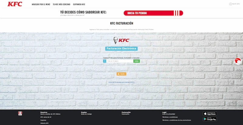 Portal de facturación electrónica KFC con formulario para capturar RFC y generar comprobante CFDI