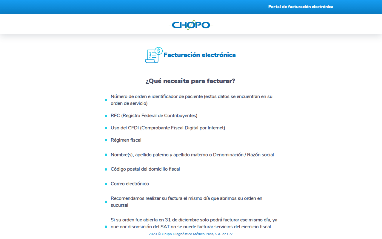 Portal de facturación de Laboratorios Chopo