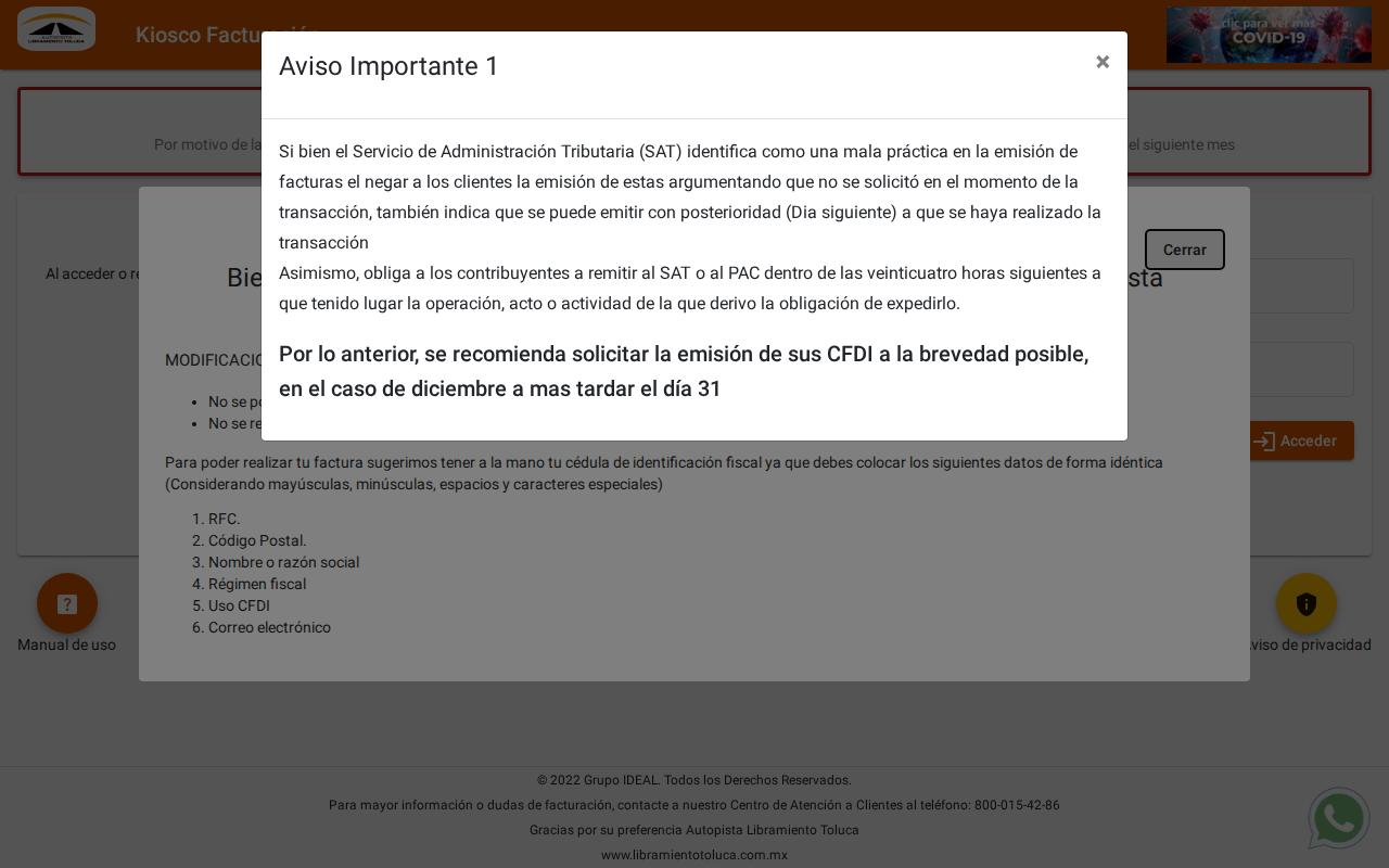 Portal de facturación de Libramiento Toluca
