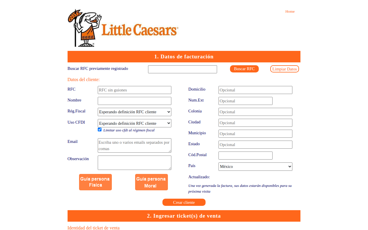 Portal de facturación de Little Caesars México