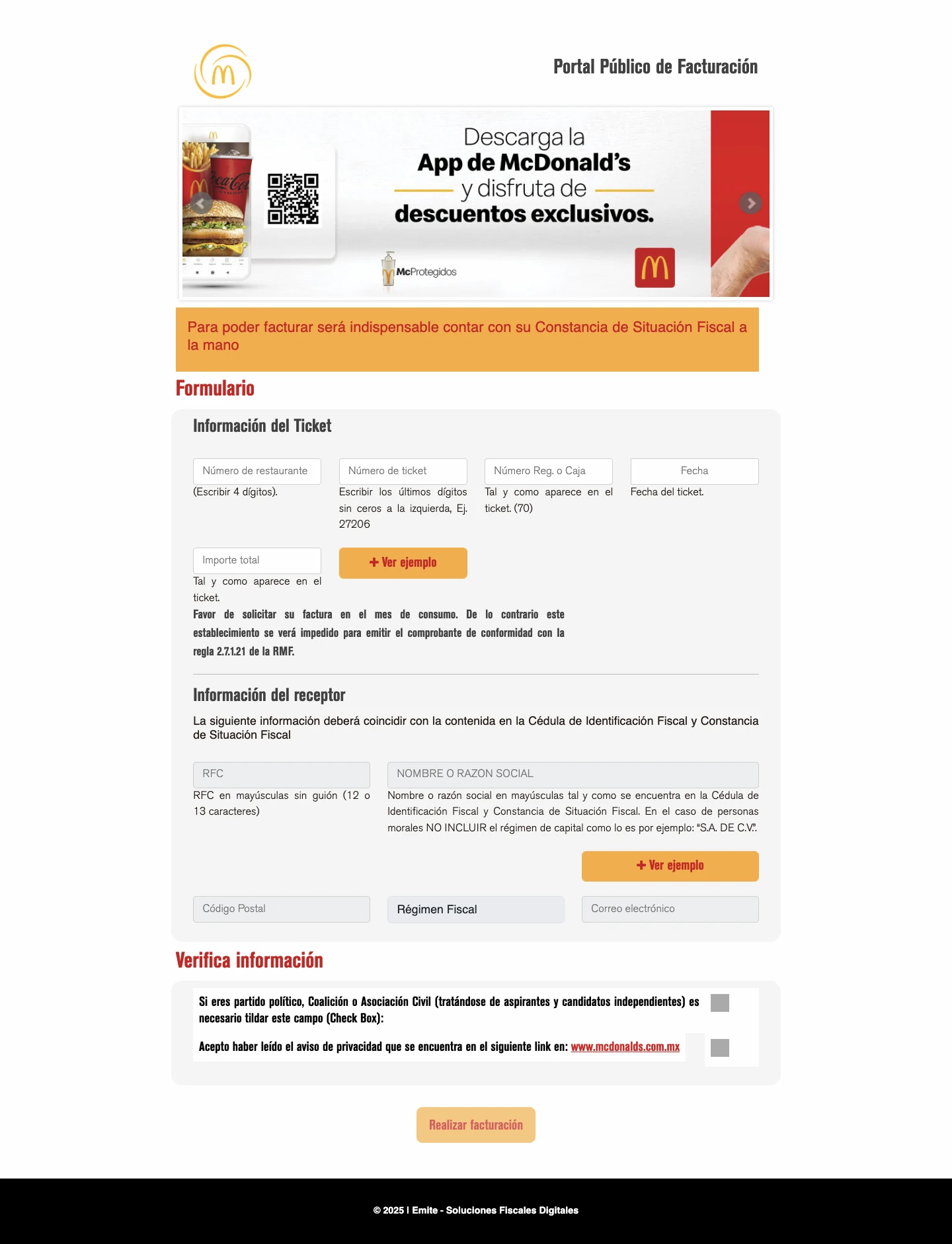 Portal de facturación electrónica de McDonald's con formulario para ingreso de datos de ticket y receptor