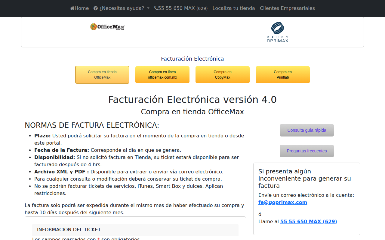 Portal de facturación de OfficeMax México