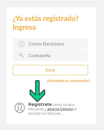 Formulario de login con campos de correo electrónico y contraseña, botón de entrada y opción de registro