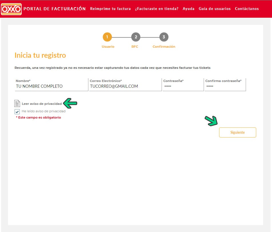 Portal de facturación OXXO con formulario de registro mostrando campos para nombre, correo y contraseña