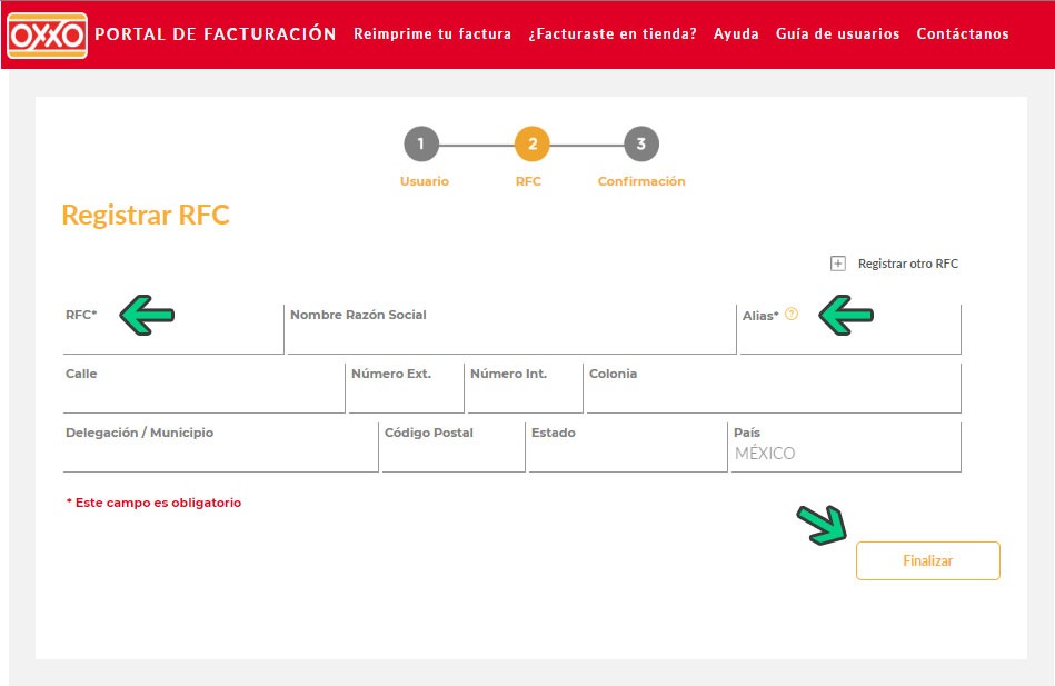 Formulario de registro RFC del Portal de Facturación de Oxxo con campos para datos fiscales y domicilio