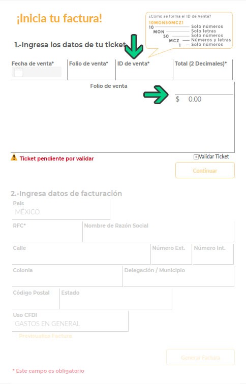 Formulario CFDI Oxxo para facturación electrónica con campos de ticket y datos de facturación