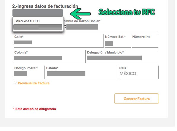 Formulario de facturación electrónica CFDI con campos para RFC, domicilio, calle, colonia, código postal y estado