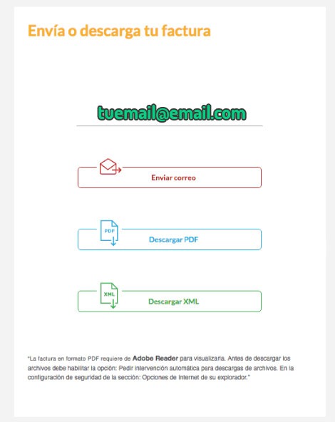 Guía para enviar o descargar factura electrónica CFDI con opciones de correo, PDF y XML