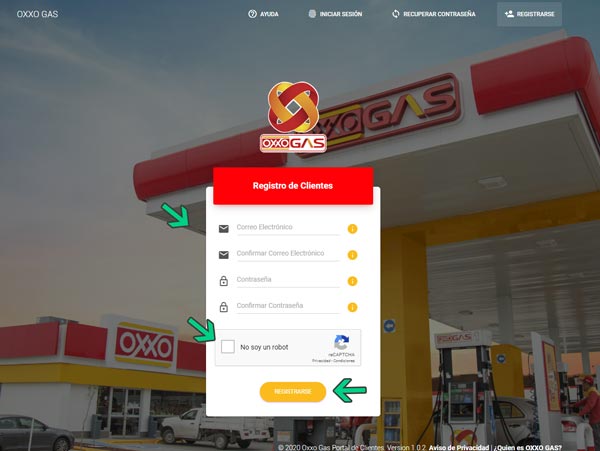 Datos correo contraseña y captcha registro Oxxo Gas