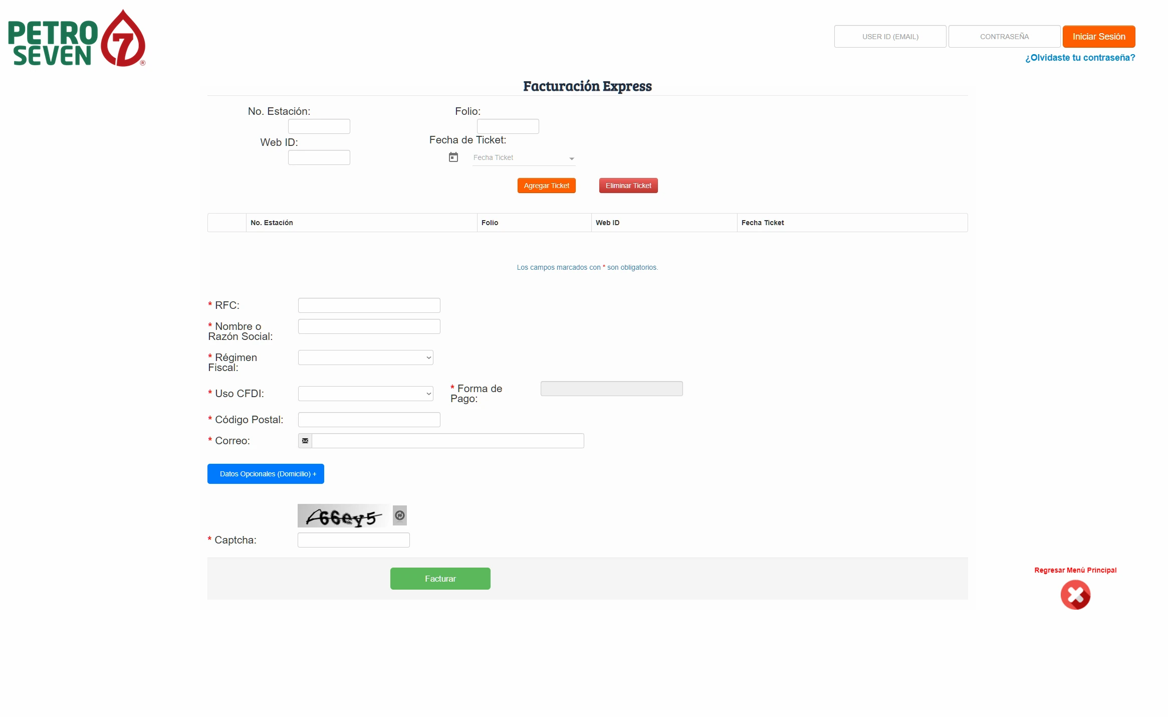 Portal de facturación express Petro Seven con formulario CFDI para registrar datos de RFC, razón social y ticket de compra