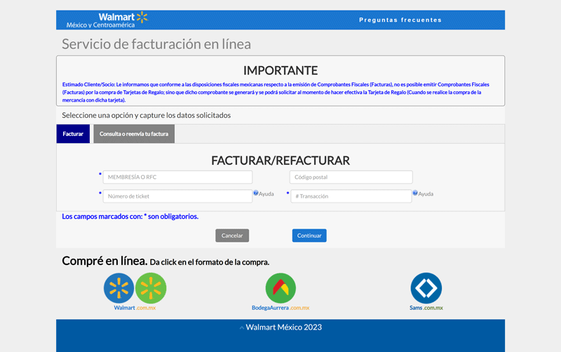 Formulario facturación Sams Club RFC membresía número de ticket y código postal
