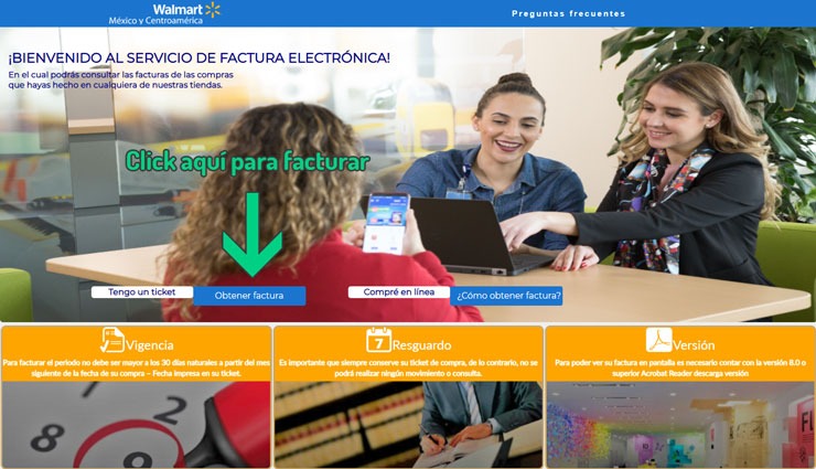 Guía de facturación electrónica Walmart México con opciones para obtener factura y empleadas atendiendo cliente
