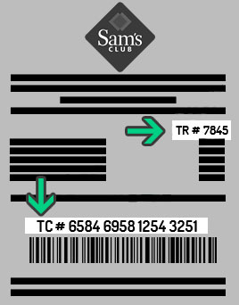 Ticket de compra Sam's Club con código de barras, número de transacción TR y folio fiscal TC