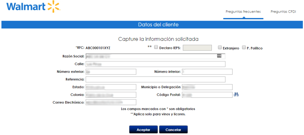 Formulario de captura de datos del cliente para facturación electrónica CFDI de Walmart México
