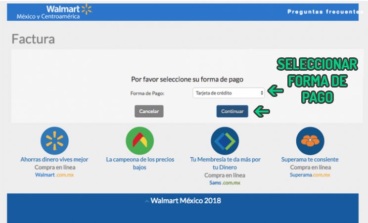 Pantalla de selección de forma de pago para facturación electrónica en Walmart México