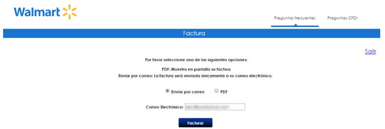 Portal web de Walmart para emisión de factura electrónica CFDI con opciones de envío por correo o PDF