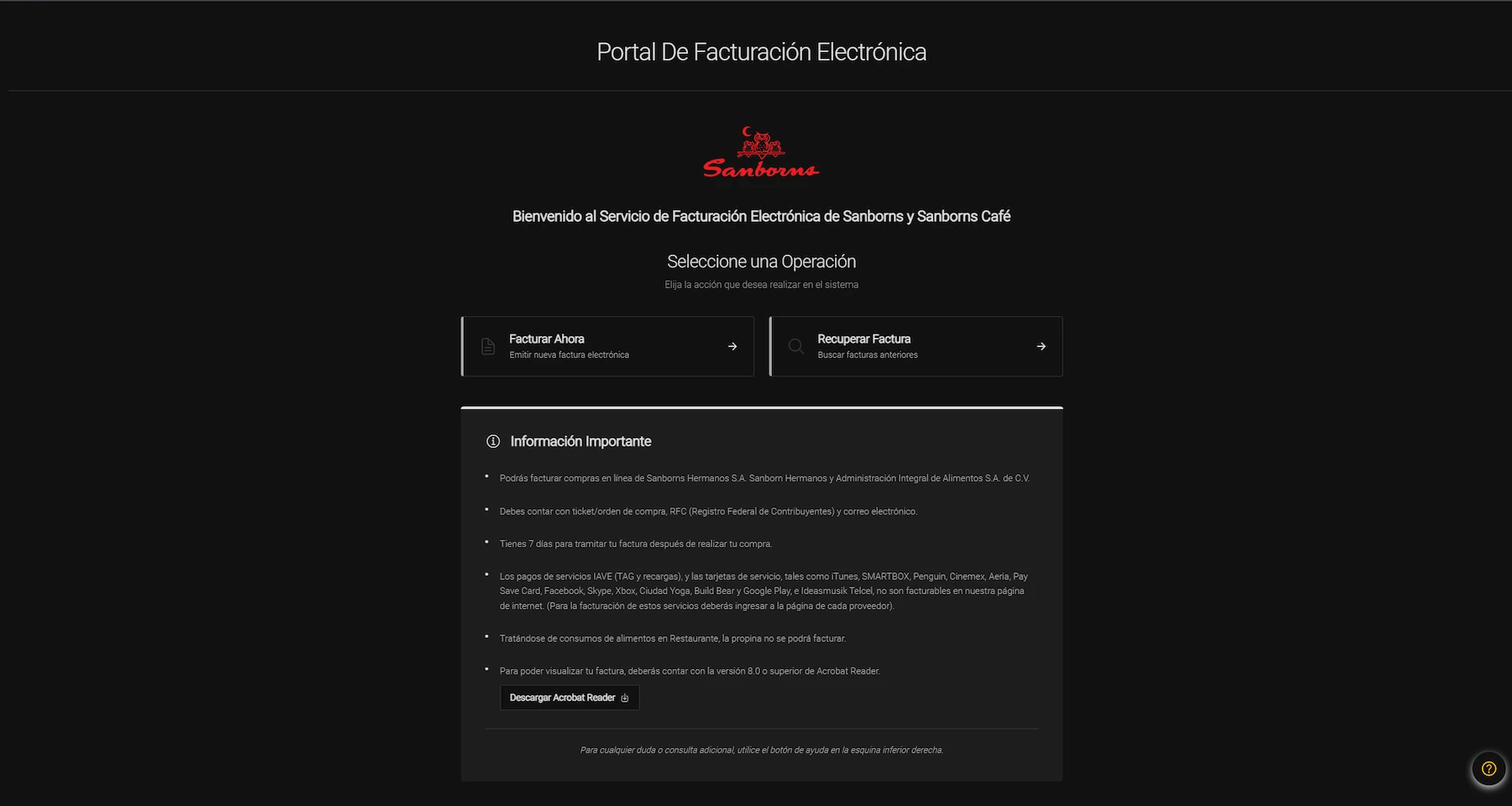 Portal de facturación Sanborns México