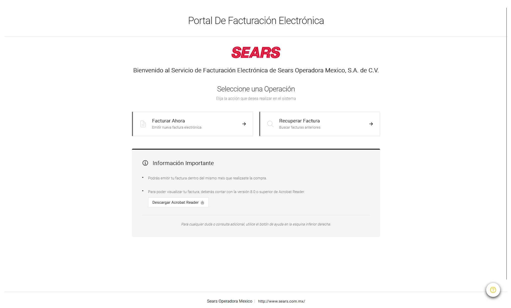 Portal de facturación de Sears México
