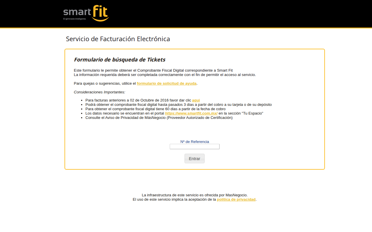 Portal de facturación de Smart Fit México