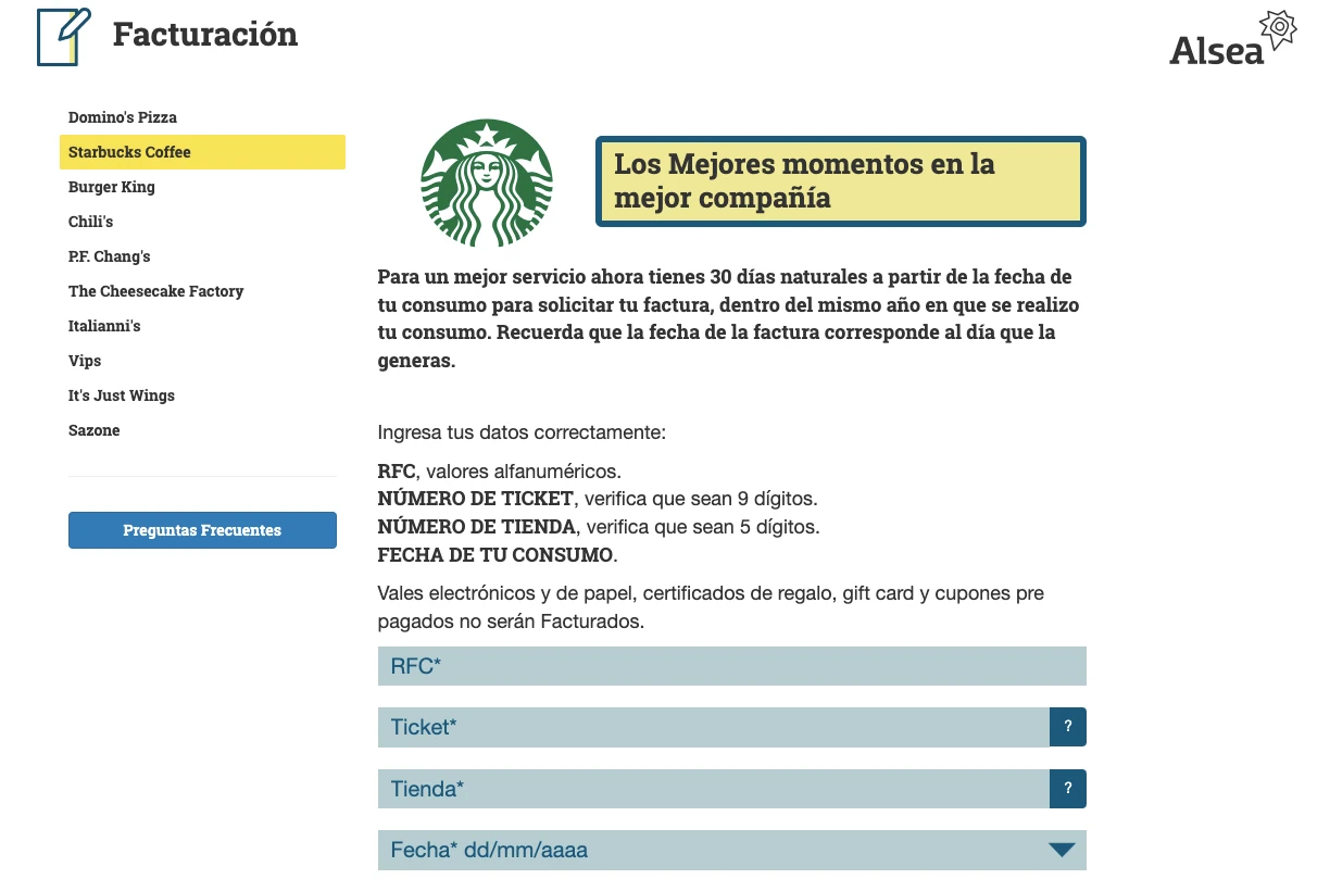 Portal web de facturación de Starbucks con formulario para solicitar CFDI con campos RFC, ticket y tienda.