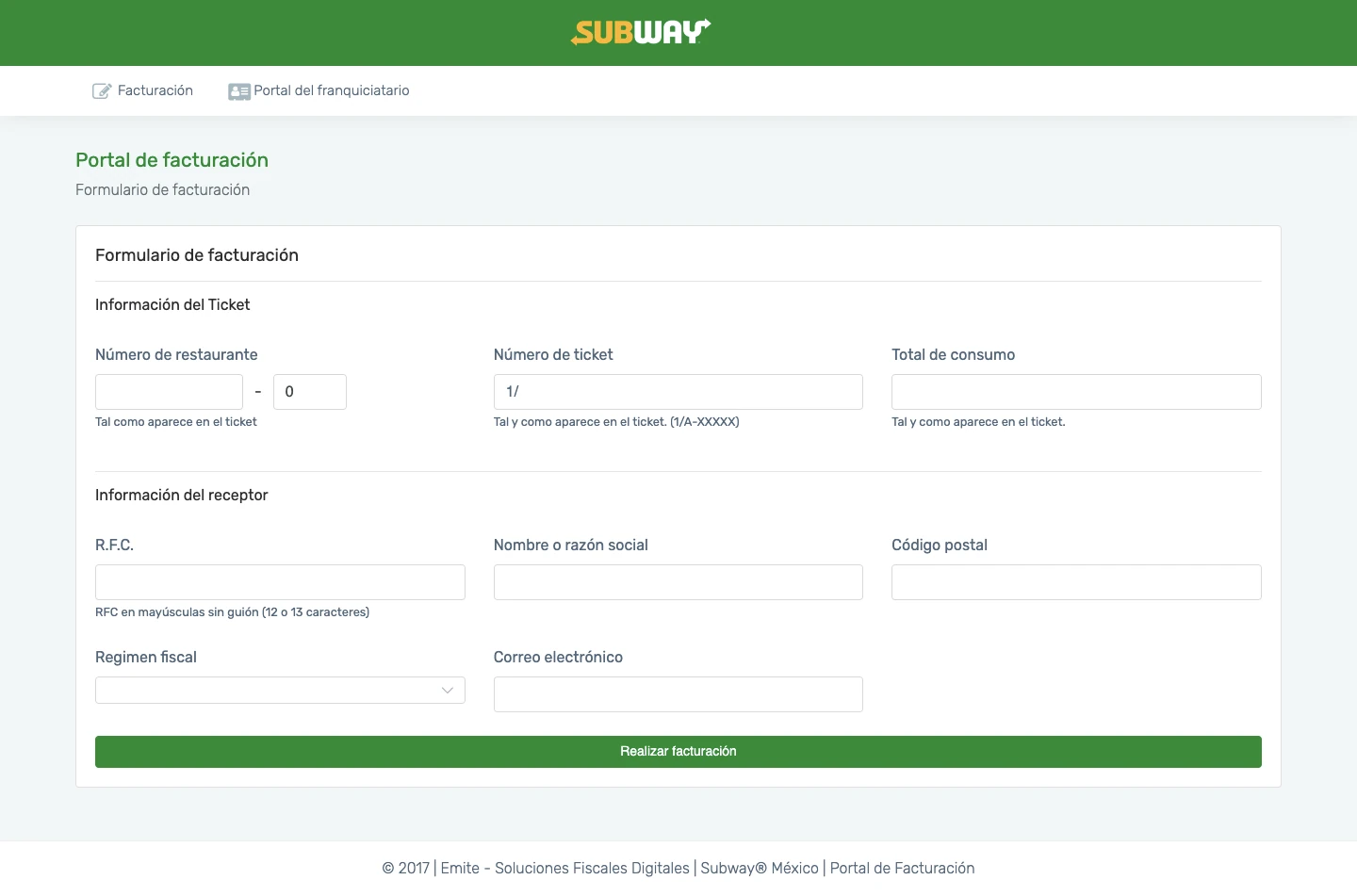 Formulario de facturación electrónica CFDI de Subway con campos para ticket, RFC y datos del receptor