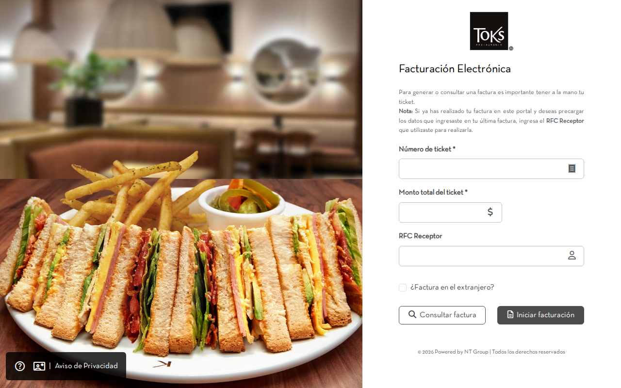 Portal de facturación de Toks