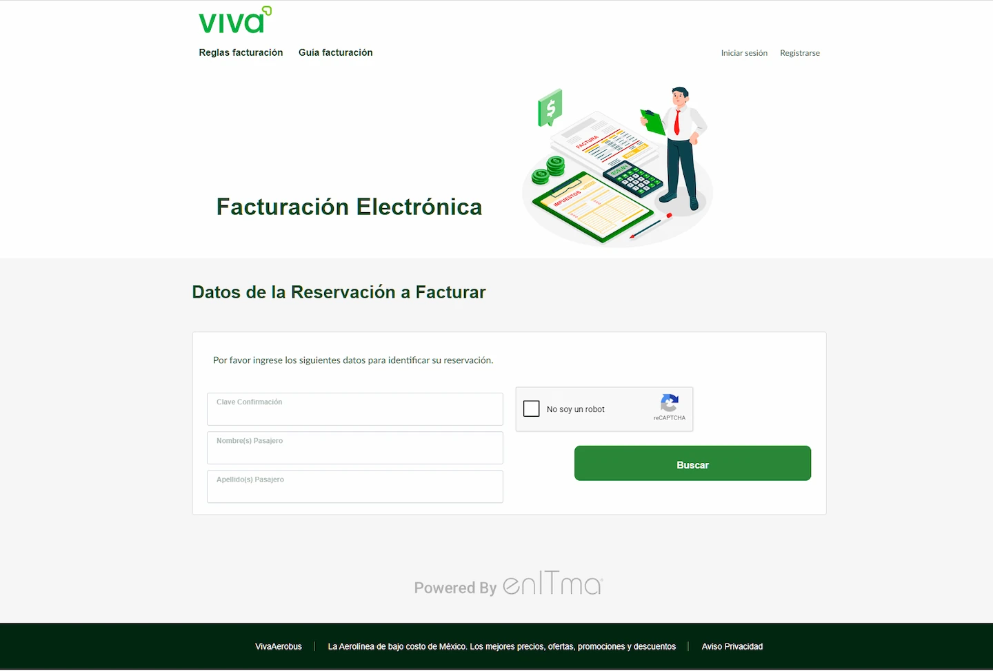 Portal web de facturación electrónica Viva Aerobús con formulario para datos de reservación
